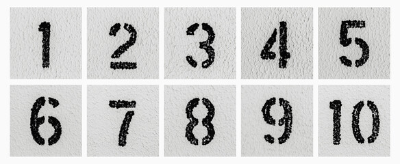 Panoramic photo collage of numbers of 1 to 10, on grey textured background.