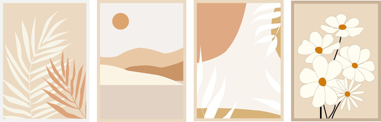 Drawings with elements of nature, White, gray, terracotta color. Use in web design, illustrations, posters, banners is possible.