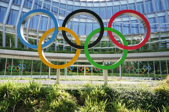 Headquarters International Olympic Committee. Olympic rings. Lausanne, Switzerland - June  2022