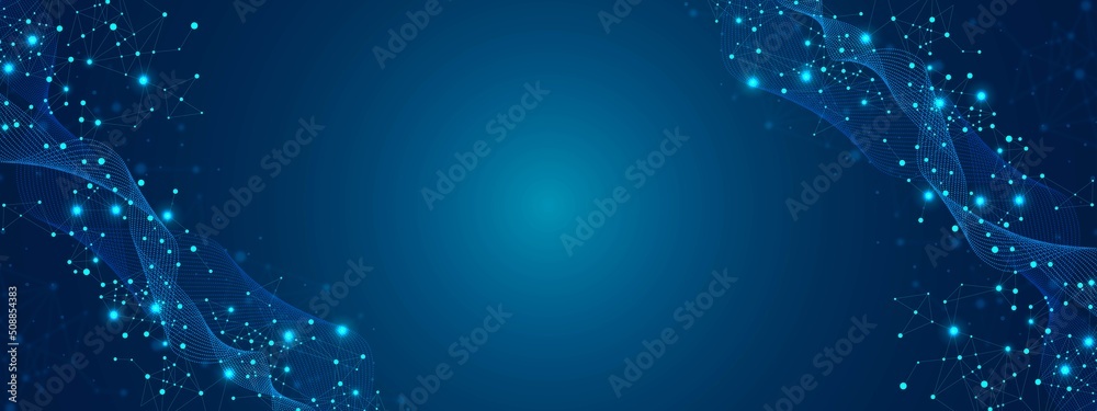 Poster vector neon wave background frame. design of lines, flow connected by glow dots. texture mesh plexus