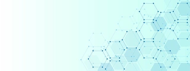 Vector blue background frame. Design plexus of geometric shapes. Texture of hexagons with dots. Digital communication cells. Neural network. Banner technology, medicine, business, social networks.