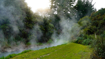 Fototapeta na wymiar A steaming thermal river in the Taupo region of New Zealand
