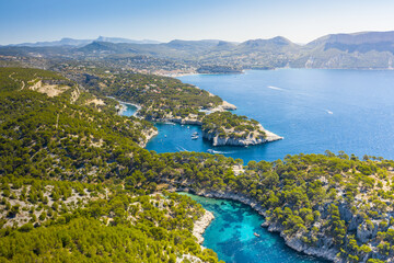 Fototapeta premium Panoramic view of Calanques National Park near Cassis fishing village, Provence, South France, Europe, Mediterranean sea