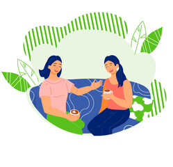 Obraz na płótnie Canvas Friend girls two women drinking coffee and chatting lively. Leisure time at home and friendly communication, people relationships and friendship. Flat vector illustration isolated.