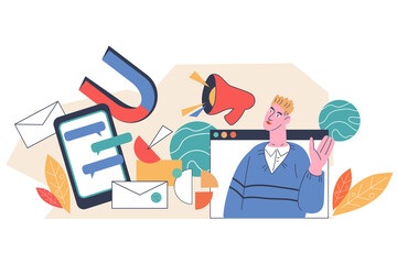 Inbound and outbound marketing management, flat vector illustration isolated on white background. Emailing, SMM and professional marketers service banner template.