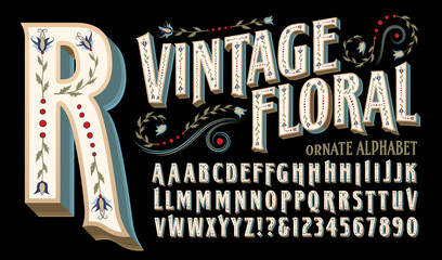 Vintage Floral is an ornate style of alphabet with antique or Victorian flower and design insets. Great for a historic retro look with a quaint old time vibe. - obrazy, fototapety, plakaty