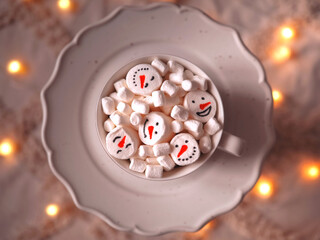 marshmallows in a mug. christmas time. marshmallows snowmen