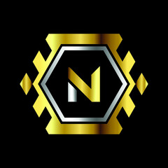 Premium luxury Vector elegant gold and silver font Letter N Template for company logo with monogram element 3d Design 