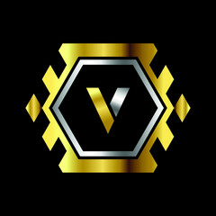 Premium luxury Vector elegant gold and silver font Letter V Template for company logo with monogram element 3d Design 