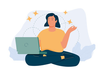 Calm business woman. Businesswoman meditating and relaxing in lotus position meditation and yoga in a noisy office.