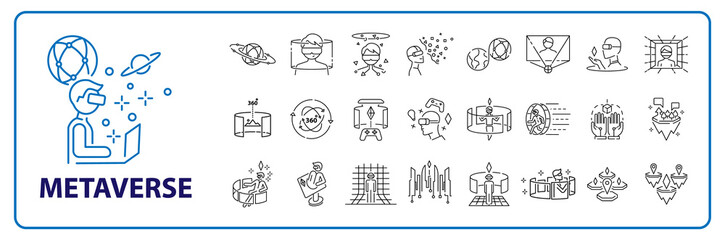 Metaverse line icon set. Included the icons as Virtual, World, Virtual reality, VR, digital, earth 2, Futuristic and more