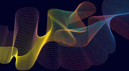 Abstract background with bright multicolored wavy lines. The lines are intertwined in a certain way on a dark blue background. - obrazy, fototapety, plakaty