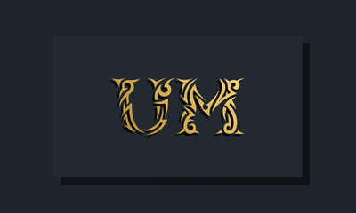 Luxury initial letters UM logo design. It will be use for Restaurant, Royalty, Boutique, Hotel, Heraldic, Jewelry, Fashion and other vector illustration - obrazy, fototapety, plakaty