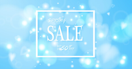 Spring sale banner with Hearts and bokeh.sparkles in the blue spring sky. social media poster with copy space . Eps10