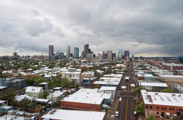 Fototapeta na wymiar Aerial View of Denver After a Fresh Spring Snowfall
