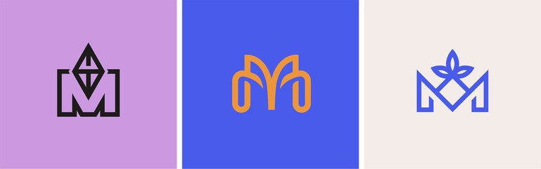 Set of three vector logos. logo monogram letter M. Vector illustration.