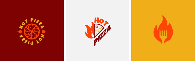 Obraz premium Set of three hot fast food and pizza vector logos. Vector illustration