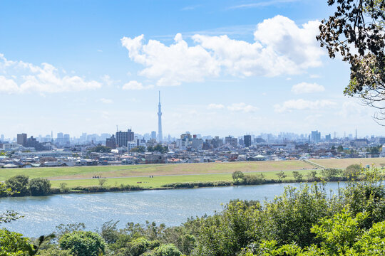 青空を背景に市川、里見公園から江戸川越しに見た東京の風景