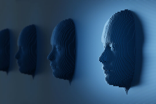 Human Faces Made Up Of Blue Cubes. Artificial Intelligence Concept. 3d Illustration.