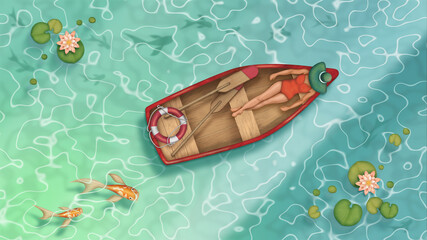 lily pond summer relaxation row boat sunbather fish - obrazy, fototapety, plakaty