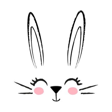 Cute face of happy rabbit with long ears in doodle style. The cartoon outline of hare's head is hand-drawn, pencil texture. Symbol of New Year 2023 according to Chinese calendar. Character for Easter