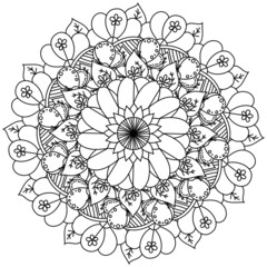 Outline mandala with butterflies and flowers, fantasy meditative coloring page for creativity