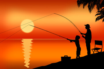Fototapeta na wymiar Father's Day. Father and son are fishing at sunset.