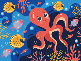 Sea bottom life animals underwater landscape background concept. Vector cartoon graphic design illustration