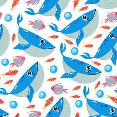 Whale sea life ocean fish seamless pattern. Vector flat graphic design background illustration