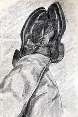 Pencil drawing of crossed male feet in shoes. The sketch is drawn in pencil