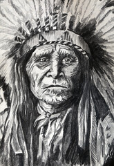 Pencil drawing of an old Indian with a feather headdress
