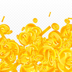Russian ruble coins falling. Eminent scattered RUB coins. Russia money. Magnificent jackpot, wealth or success concept. Vector illustration.