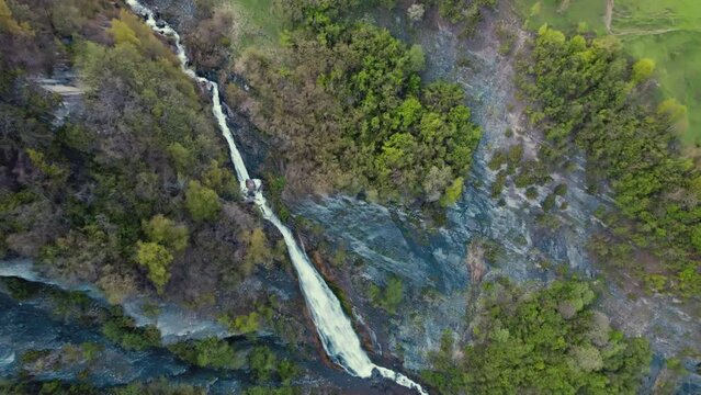 top-down view of Dariali Gorge, river Tergi in Caucasus mountains, Georgia. High quality 4k footage