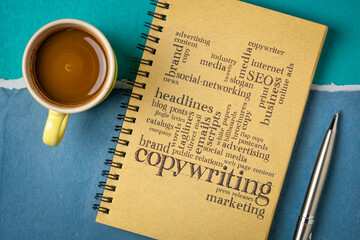 copywriting word cloud  - handwriting in a notebook with a cup of coffee, business, brand and...