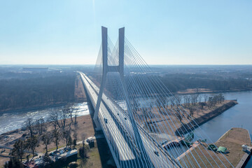 Aerial view of the motorway passing through the Redzinski Bridge in Wroclaw, Poland. Bridge with pylons