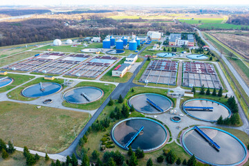 Aerial view of the water treatment plant. Purification of urban industrial waters
