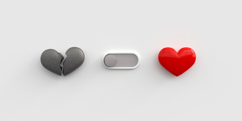 Deactivated love toggle switch. Switcher between a scarlet red heart and a broken stone heart as a broken love relationship concept. Modern mode switch. 3D rendering - obrazy, fototapety, plakaty