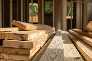 Fototapeta na wymiar Wood planks at construction site