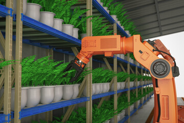 Agriculture technology concept with robotic arms in  greenhouse