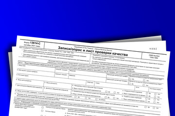 Form 13614-C (ru) documentation published IRS USA 44327. American tax document on colored