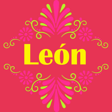 Cute Leon city text surrounded by floral motifs on red square tile