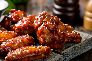 chicken wings in barbecue sauce with sesame on the board extreme macro close up