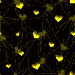Pattern yellow heart tied with a thread on a dark background for your seamless design