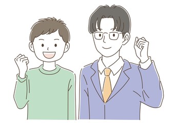 ガッツポーズをしている先生と私服姿の生徒