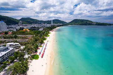 Phuket Thailand patong bay. Panorama landscape nature view from Drone camera. Aerial view of patong city in phuket thailand. Beautiful sea in summer sunny day time - obrazy, fototapety, plakaty