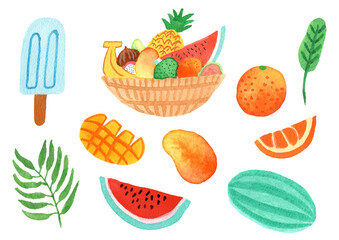cute summer set. hand drawn illustration: fruit basket, orange, watermelon, mango, leaf, popsicle