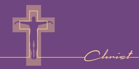 Christianity concept illustration. Cross with human silhouette and Christ word