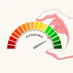 Tuinposter Hand holding staking indicator with color levels. Cryptocurrency concept. © JEGAS RA