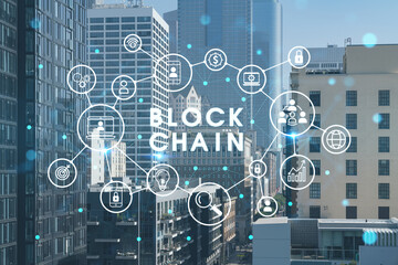 Cityscape of Los Angeles downtown at summer day time, California, USA. Skyscrapers of panoramic city center of LA. Decentralized economy. Blockchain and cryptography concept, hologram