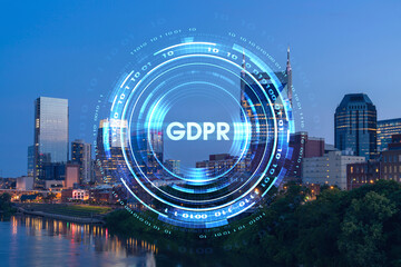 Panoramic view of Broadway district of Nashville over Cumberland River at illuminated night skyline, Tennessee, USA. GDPR hologram, concept of data protection regulation and privacy for individuals